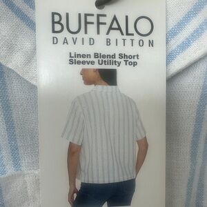 Buffalo David Bitton Light Blue and White Striped Linen Blend Top